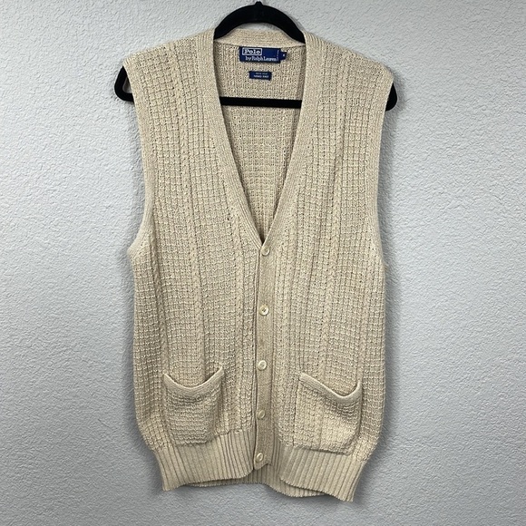 Polo by Ralph Lauren 100% Silk Hand Knit Cardigan Sweater Vest Beige Sz XL